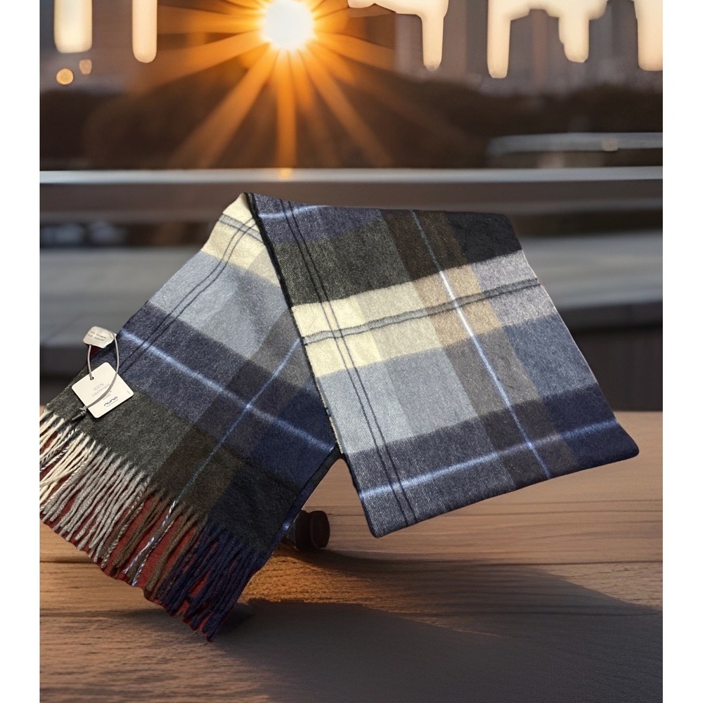 Nuna 100% Cashmere Blue Gray Brown Cream Plaid Scarf with Fringe Quite Luxury